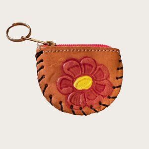 Handcrafted Leather Coin Purse Keychain With Floral Design & Pink Zipper Closure